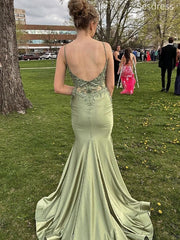 Elegant V-neck Spaghetti Strap Lace Appliques Mermaid Wedding Guest Dress,Prom Dress