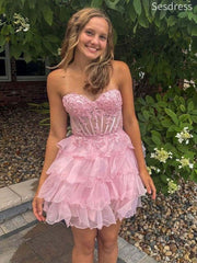 Elegant Pink Sweetheart Strapless A-line Short Mini Dress Homecoming Dress