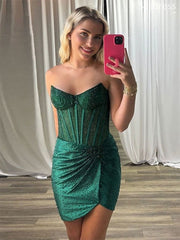 Gorgeous V-neck See Through Beaded Strapless Bodycon Short Mini Dress Homecoming Dress