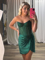 Gorgeous V-neck See Through Beaded Strapless Bodycon Short Mini Dress Homecoming Dress