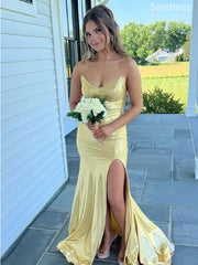 Sparkly Yellow V-neck Strapless Side Slit Mermaid Wedding Guest Dress,Prom Dress