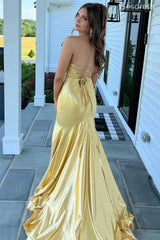 Sparkly Yellow V-neck Strapless Side Slit Mermaid Wedding Guest Dress,Prom Dress