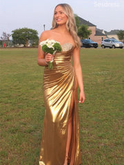 Premium Gold Sweetheart Beaded Strapless Side Slit Mermaid Long Evening Dress,Prom Dress