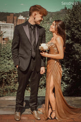 Premium Gold Sweetheart Beaded Strapless Side Slit Mermaid Long Evening Dress,Prom Dress