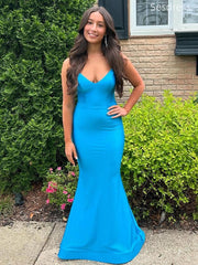 Elegant Blue V-neck Spaghetti Strap Mermaid Long Evening Dress,Prom Dress