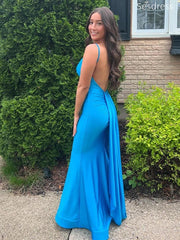 Elegant Blue V-neck Spaghetti Strap Mermaid Long Evening Dress,Prom Dress