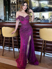 Sparkly Purple Off the Shoulder V-neck Strapless Side Slit Mermaid Long Evening Dress,Prom Dress
