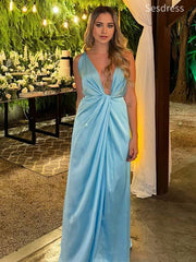 Elegant Blue V-neck Pleats A-line Wedding Guest Dress,Prom Dress