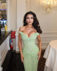 Sparkly Sage V-neck Strapless Sequins Mermaid Long Evening Dress,Prom Dress