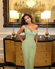 Sparkly Sage V-neck Strapless Sequins Mermaid Long Evening Dress,Prom Dress