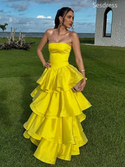 Elegant Yellow Strapless A-line Long Evening Dress,Prom Dress