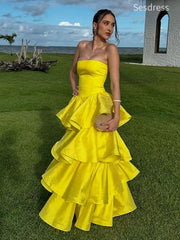 Elegant Yellow Strapless A-line Long Evening Dress,Prom Dress