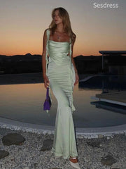 Elegant Sage Straps Mermaid Backless Long Evening Dress,Prom Dress
