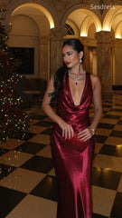 Sexy Burgundy V-neck Backless Mermaid Long Evening Dress,Prom Dress