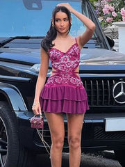 Gorgeous V-neck Spaghetti Strap Lace Appliques A-line Short Mini Dress Homecoming Dress