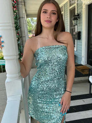 Sparkly Sequins Lake Green Strapless Bodycon Short Mini Dress Homecoming Dress
