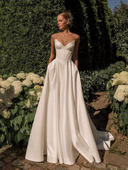 Elegant V-neck Strapless A-line Long Dress Wedding Dress