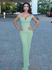 Sparkly Sage V-neck Strapless Sequins Mermaid Long Evening Dress,Prom Dress