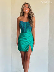 Gorgeous Scoop Strapless Bodycon Side Slit Short Mini Dress Homecoming Dress