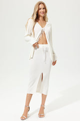 Solid Long Sleeve V-Neck Top & Solid Slim Midi Skirt Set