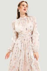 Floral Round Neck Puff Sleeve Midi Dress