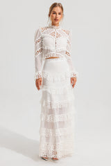 Embroidered Ball Sleeve Top & Ruffle Mid Waist Maxi Skirt Set