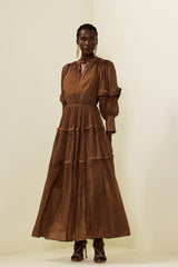 Pleat Lantern Sleeve V-Neck Midi Dress