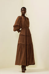 Pleat Lantern Sleeve V-Neck Midi Dress