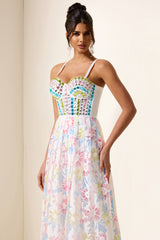 Rhinestone Corset Pleated Midi Dress