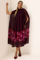 Floral Cape Sleeve Low Neck Maxi Dress