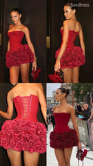 Retro Red 3D Flower Lace Up Strapless A-line Short Mini Dress Homecoming Dress