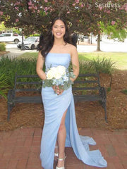 Sparkly Light Blue Sequins Strapless Side Slit Mermaid Long Evening Dress,Prom Dress