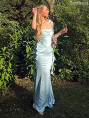 Elegant Satin Light Blue Straps Backless Mermaid Wedding Guest Dress,Prom Dress