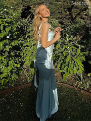 Elegant Satin Light Blue Straps Backless Mermaid Wedding Guest Dress,Prom Dress