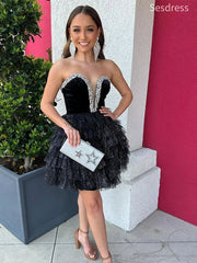 Gorgeous Black Sweetheart Strapless Beaded A-line Short Mini Dress Homecoming Dress