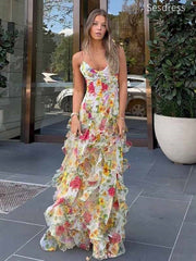 Floral Ruffle V-neck Spaghetti Strap A-line Long Evening Dress,Prom Dress