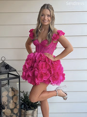 Gorgeous V-neck Off the Shoulder 3D Flower A-line Short Mini Dress Homecoming Dress