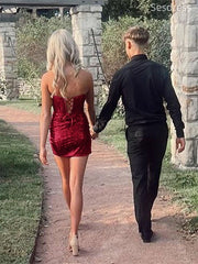 Sparkly Burgundy Sequins Scoop Strapless Bodycon Short Mini Dress Homecoming Dress