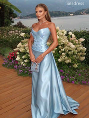 Elegant Blue V-neck Strapless Lace A-line  Long Evening Dress,Prom Dress