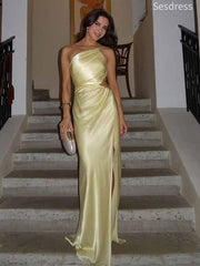 Elegant One Shoulder Yellow Side Slit Mermaid Long Evening Dress,Prom Dress