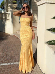 Gorgeous Yellow Lace Spaghetti Strap Mermaid Long Evening Dress,Prom Dress