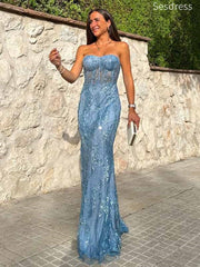 Premium Appliques Lace Blue Strapless See Through Lace Up Mermaid Long Evening Dress,Prom Dress