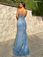 Premium Appliques Lace Blue Strapless See Through Lace Up Mermaid Long Evening Dress,Prom Dress