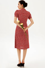 Floral Puff Sleeve Lapel Buttoned Midi Dress