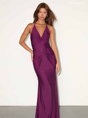 Sexy V-neck Halter Pleats Mermaid Long Evening Dress,Prom Dress