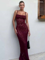 Gorgeous Burgundy Lace Spaghetti Strap Mermaid Long Evening Dress,Prom Dress