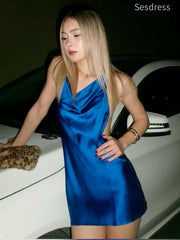 Simple Blue Halter A-line Short Mini Dress Homecoming Dress