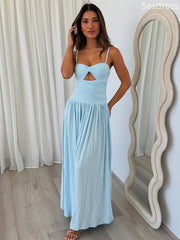 Elegant Satin Light Blue Sweetheart Spaghetti Strap A-line Wedding Guest Dress,Prom Dress