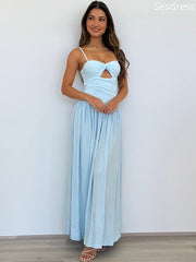 Elegant Satin Light Blue Sweetheart Spaghetti Strap A-line Wedding Guest Dress,Prom Dress