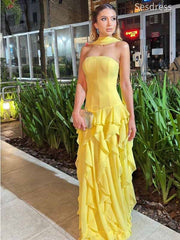 Unique Yellow Strapless Halter A-line Long Evening Dress,Prom Dress